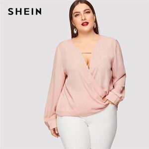 SHEIN Sexy Deep V Neck Surplice Wrap Plus Size Women Sweet Pink Blouses Spring Summer Thin Long Sleeve Solid Top Blouse