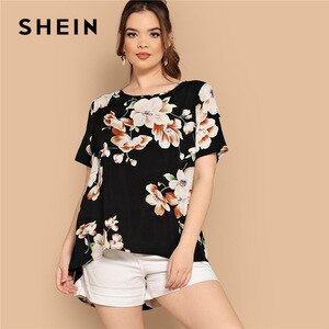 SHEIN Black Boho Floral Print Asymmetrical Hem Short Sleeve Women Plus Size Blouses 2019 Bohemian Summer Vacation Tops Blouse