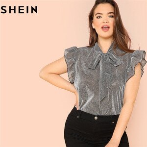 SHEIN Grey Ruffle Trim Tie Neck Plus Size Women Thin Blouses Summer Polyester Sleeveless Elegant Office Lady Solid Top Blouse