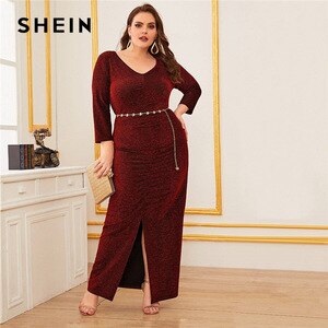 SHEIN Plus Size Ruched V Neck Split Front Glitter Dress Without Belt Women Spring Glamorous Elegant Fitted Maxi Dresses