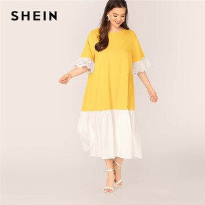 SHEIN Plus Size Two Tone Eyelet Embroidery Cuff Smock Dress Women Summer Colorblock Drop Waist O Neck Casual Long Dresses