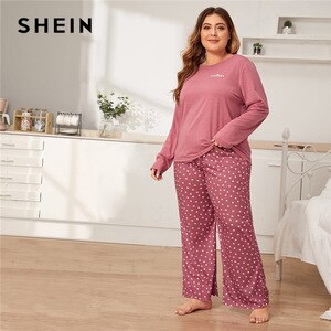 SHEIN Plus Size Pink Letter and Heart Print PJ Set Women Spring Autumn Long Sleeve Casual Sleepwear Pajama Sets