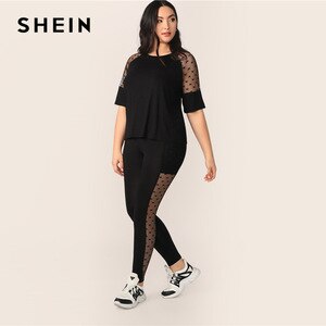 SHEIN Plus Size Black Star Mesh Insert Sleeve Top And Leggings Set 2019 Women Spring Sheer Half Raglan Sleeve Stretchy Two Piece