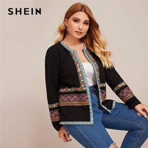 SHEIN Plus Size Black Open Front Contrast Aztec Tape Detail Jacket Women Long Sleeve Coat Spring Outwear Casual Plus Jackets