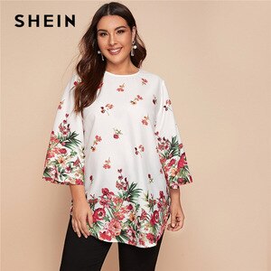 SHEIN Plus Size White Curved Hem Floral Tunic Top Women 2020 Spring 3/4 Length Sleeve O-neck Loose Casual Boho Long Blouses