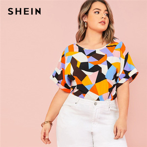 SHEIN Plus Size Colorful Geo Print Cuffed Sleeve Top Blouse 2020 Women Summer Round Neck Drop Shoulder Ladies Casual Blouses
