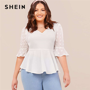 SHEIN Plus Size White V-neck Flounce Sleeve Swiss Dot Peplum Top Women 2020 Summer 3/4 Length Sleeve Ruffle Hem Elegant Blouses
