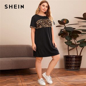 SHEIN Plus Size Contrast Leopard Tee Dress Women Summer Boat Neck Short Sleeve Plus Colorblock Casual Straight Short Dresses