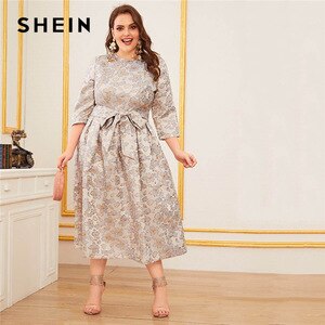 SHEIN Plus Size Pastel Zipper Back Jacquard Dress With Belt Women Spring Glamorous Elegant  A-Line Flared Long Dresses