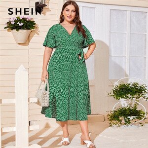SHEIN Plus Size Ditsy Floral Knot Side Wrap Dress Women 2020 Summer V Neck Butterfly Sleeve High Waist A Line Plus Long Dresses