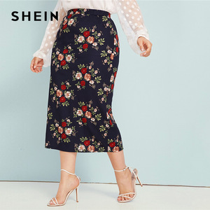 SHEIN Plus Size Abaya Navy Floral Print Pencil Skirts Womens Summer Autumn Big Size Elegant Plus Bodycon Long Skirt