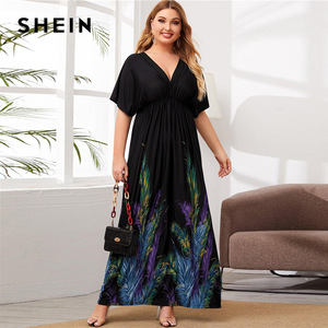 SHEIN Plus Size Black Feather Print Ruched Batwing Sleeve A-line Dress Women Summer V Neck High Waist Maxi Elegant Plus Dresses