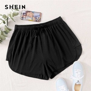SHEIN Plus Size Black Solid Drawstring Waist Track Shorts Women 2020 Summer Sporting Basic Elastic Waist Plus Shorts