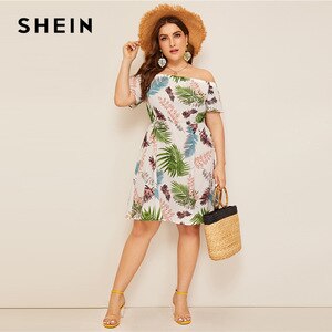 SHEIN Plus Size Multicolor Off Shoulder Jungle Leaf Print Boho Dress 2019 Women Summer Fit and Flare High Waist A Line Dresses
