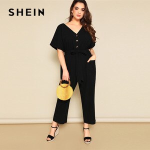 SHEIN Plus Size Button Front Wide Leg Belted Jumpsuit 2019 Women Spring Summer Casual V Neck Short Sleeve Longline Jumpsuits