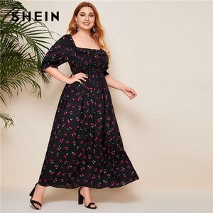 SHEIN Plus Size Cherry Print Tie Front Shirred Bodice Ruffle Trim Dress Women Summer A Line High Waist Vintage Maxi Dresses