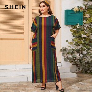 SHEIN Multicolor Plus Size Pocket Patched Colorful Striped Dress Women Summer Batwing Sleeve Maxi Tunic Abaya Dresses