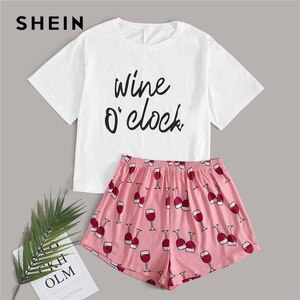 SHEIN Plus Size Slogan Graphic Tee and Wine Cup Shorts Pajama Sets 2020 Women Summer Sleepwear Loungewear Casual Plus PJ Set