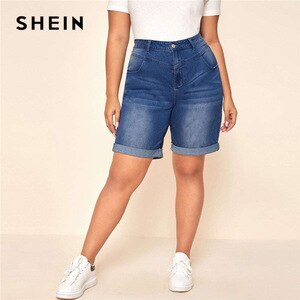 SHEIN Plus Size Roll Up Hem Denim Bermuda Shorts Women 2020 Summer High Waist Solid Medium Wash Casual Plus Shorts