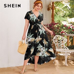 SHEIN Plus Size Surplice Neck Self Belted Dip Hem Tropical Print Dress Women Summer A Line High Waist Boho Long Dresses