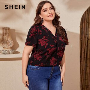 SHEIN Plus Size Black Fold Pleated Detail Floral Top Blouse Women Summer Short Sleeve V Neck Casual Womens Tops and Blouses