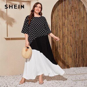 SHEIN Plus Size Black and White Colorblock Polka Dot Panel Dress Women Autumn Plus Boho Tunic Abaya Maxi Dresses