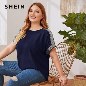 SHEIN Plus Size Contrast Sequin Panel Batwing Sleeve Top Women Summer Colorblock O Neck Short Sleeve Casual Blouses and Tops