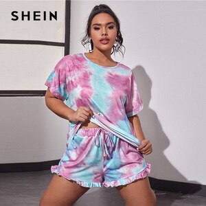 SHEIN Plus Size Tie Dye Round Neck Tee and Frill Trim Shorts Pajama Sets Women Summer Sleepwear Loungewear Casual Plus PJ Set