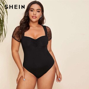 SHEIN Plus Size Black Dobby Mesh Sheer Sleeve Ruched Front Bodysuit Women Summer Sweetheart Neck Solid Plus Elegant Bodysuits
