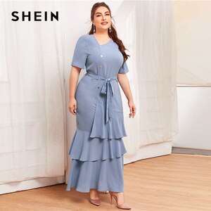SHEIN Plus Size Dusty Blue Belted Tiered Ruffled Maxi Dress Women Short Sleeve High Waist V-neck Fitted Elegant Dresses