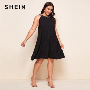 SHEIN Plus Size Pearls Beaded Neck Halter Dress Women Summer Sleeveless Solid A Line Elegant Black Short Dresses