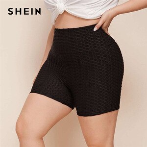 SHEIN Plus Size Black Wide Waistband Textured Skinny Biker Shorts Women Casual Autumn Plus Slim Fit Sporting Shorts