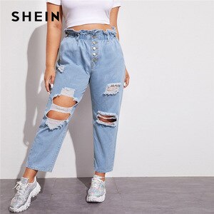 SHEIN Plus Size Blue Paperbag Waist Button Fly Ripped Jeans Women Autumn Casual Loose Plus Denim Straight Leg Long Pants Jeans