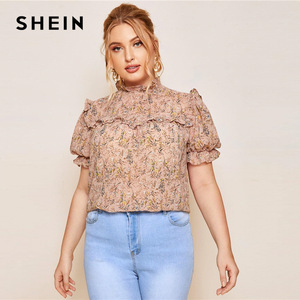 SHEIN Plus Size Pink Frill Trim Puff Sleeve Ditsy Floral Top Chiffon Blouse Women Summer Stand Collar Elegant Tops and Blouses