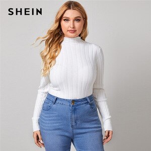 SHEIN Plus Size Solid Stand Collar Knit Sweater Pullover Women Autumn Long Sleeve Slim Fit Basic Tops Casual Sweaters