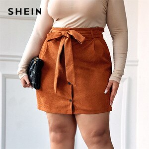 SHEIN Plus Size Ginger Solid Belted Button Through Corduroy Skirts Womens Autumn Winter Casual Straight Mini Skirt