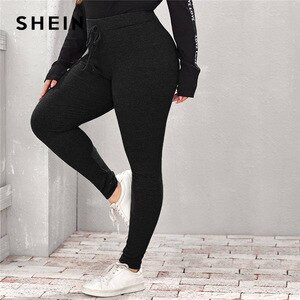 SHEIN Plus Size Drawstring Waist Rib-knit Leggings Women Casual Autumn Plus Slim Fit Skinny Solid Leggings