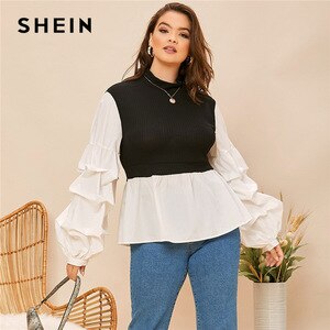 SHEIN Plus Size Gathered Sleeve Mixed Media 2 In 1 Peplum Top Women Autumn High Neck Ruffle Hem Casual Plus Blouses