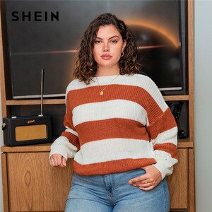 SHEIN Plus Size Colorblock Drop Shoulder Sweater Women Autumn Round Neck Long Sleeve Oversized Tops Casual Sweaters