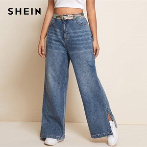 SHEIN Plus Size Slant Pocket Split Hem Jeans Without Belt Women Autumn Plus Denim Wide Leg Long Pants Casual Jeans