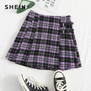 SHEIN Plus Size Multicolor Tartan Print Pleated Skirts Womens Autumn Buckle Detail A-line Plaid Preppy Short Skirt