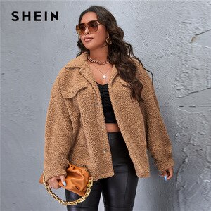 SHEIN Plus Size Drop Shoulder Teddy Coat Women Winter Button Front Long Sleeve Plus Solid Outwear Casual Coats