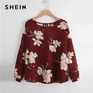 SHEIN Plus Size Maroon Floral Print Keyhole Back Blouse Women Spring Drop Shoulder Round Neck Casual Tops and Blouses