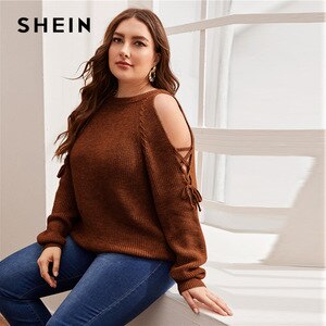 SHEIN Plus Size Lace Up Side Cold Shoulder Sweater Women Spring Round Neck Raglan Sleeve Cut Out Tops Solid Casual Sweaters