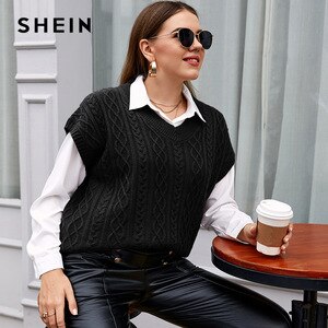SHEIN Plus Size V-neck Cable Knit Sweater Vest Without Blouse Women Spring Sleeveless Sweaters Solid Ladies Casual Vests