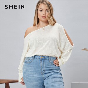 SHEIN Plus Size Asymmetrical Neck Batwing Sleeve Tee Women Spring Autumn Cut Out Loose Top Solid Sexy T-shirts