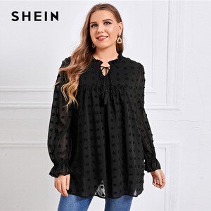 SHEIN Plus Size Tie Neck Swiss Dot Peplum Blouse Top Women Spring Flounce Sleeve Frilled Tunic Elegant Long Blouses