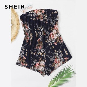 SHEIN Plus Size  Navy Blue Floral Print Tube Romper Women Summer Strapless Sleeveless Ladies Bohemian Playsuits