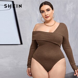 SHEIN Plus Size Fold Asymmetrical Neck Waffle Knit Bodysuit Women Spring Long Sleeve Solid Skinny Elegant Bodysuits