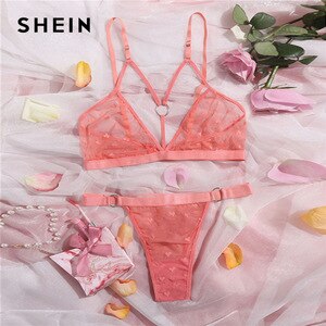 SHEIN Plus Size Pink Heart Print Mesh Ring Linked Lingerie Set 2021 Women Spring Sheer Stretchy Plus Sexy Sets